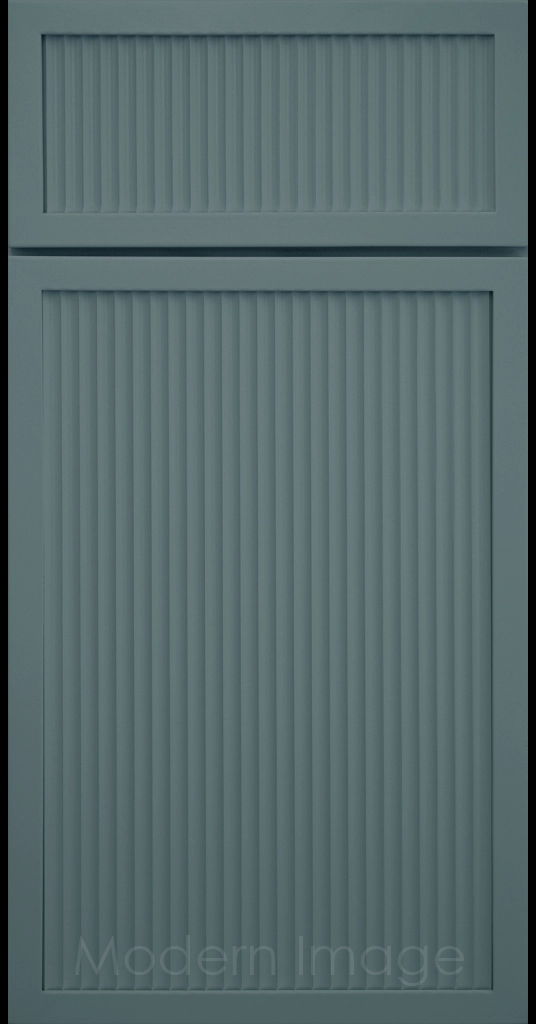 Sage Painted Arcadia Cove Cabinet Door featuring a Narrow Frame and Fluted Center Panel.